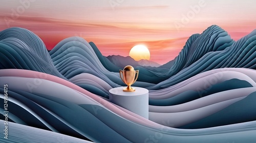 Golden trophy on a pedestal amidst stylized, wavy pastel mountains at sunset. photo