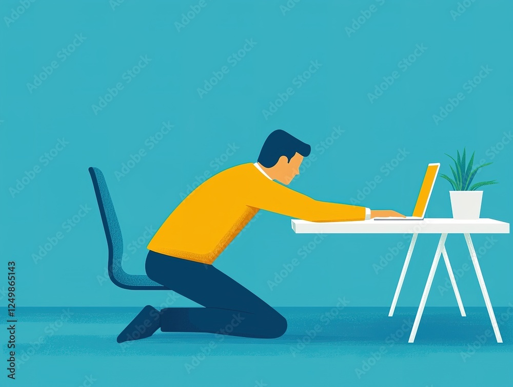 Fototapeta premium A man kneels at a desk, working on a laptop, with a potted plant nearby, set against a bright blue background.