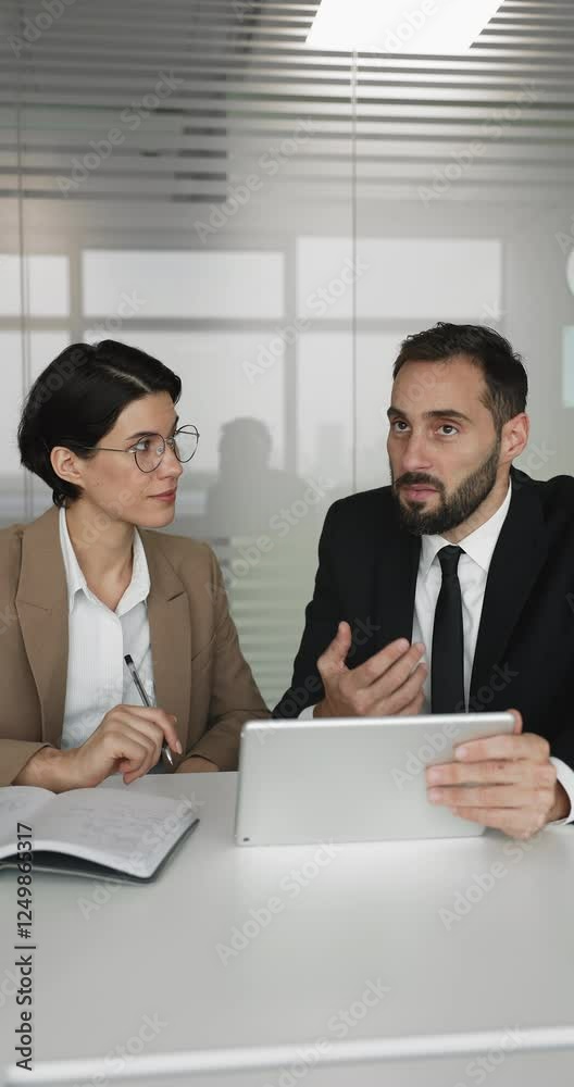 Man explains project details, showing charts, graphs, or analytics related to performance, market trends, or financial data on tablet to colleague. Strategy discussion, software or tool demonstration Man explains project details, showing charts, graphs, or analytics related to performance, market trends, or financial data on tablet to colleague. Strategy discussion, software or tool demonstration