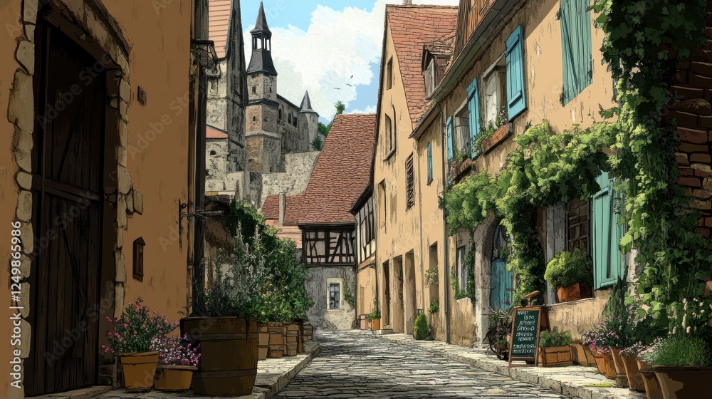 Obraz premium Charming European street scene with historic architecture and lush greenery