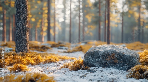 Snowy forest path, morning sunlight, tranquil scene photo