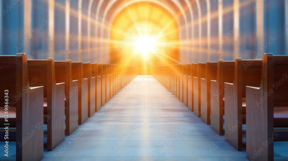 Obraz premium Soft sunlight streams through stained glass, illuminating the wooden pews in a serene and peaceful church atmosphere.