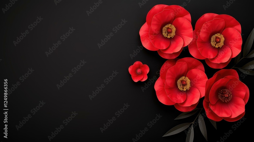 Stunning red poppies set against a dark backdrop, representing remembrance and honoring sacrifices. Perfect for commemorative art. Stunning red poppies set against a dark backdrop, representing remembrance and honoring sacrifices. Perfect for commemorative art.