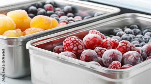 Fresh berries and veggies stored in airtight containers to keep them healthy and ready for freezing in your fridge. photo