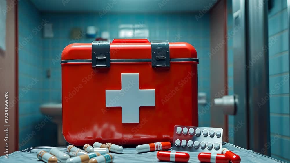 Red first aid kit with pills and blister packs on hospital table, highlighting emergency allergy preparedness