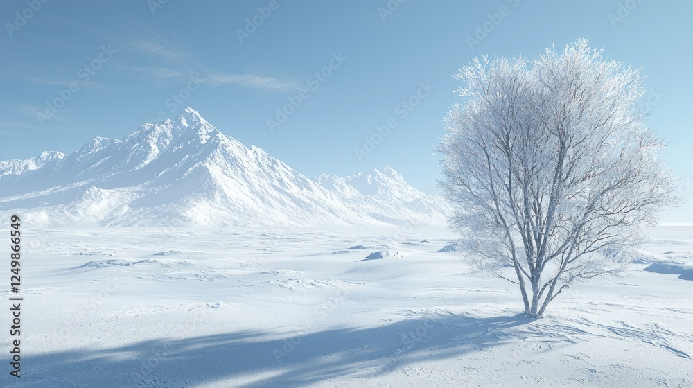 Snowy mountain landscape with lone frosted tree Snowy mountain landscape with lone frosted tree