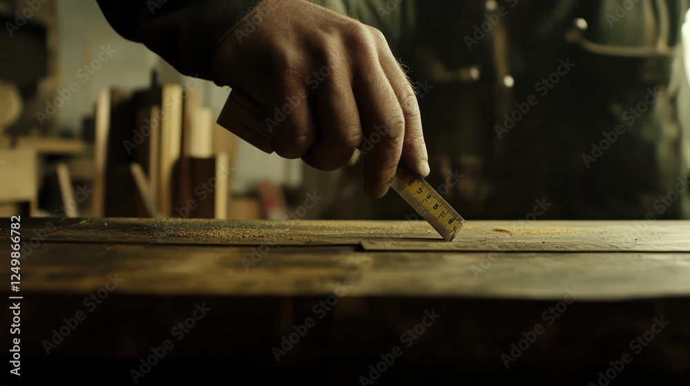 A carpenter carefully measuring a piece of wood with a tape measure, focusing on the precise markings for accuracy and precision. A carpenter carefully measuring a piece of wood with a tape measure, focusing on the precise markings for accuracy and precision.