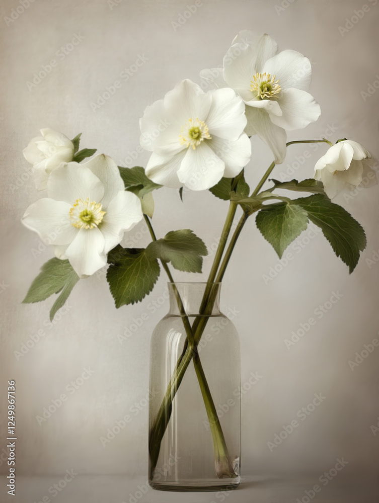 Fototapeta premium Still life with bouquet of spring hellebore flowers in a vase