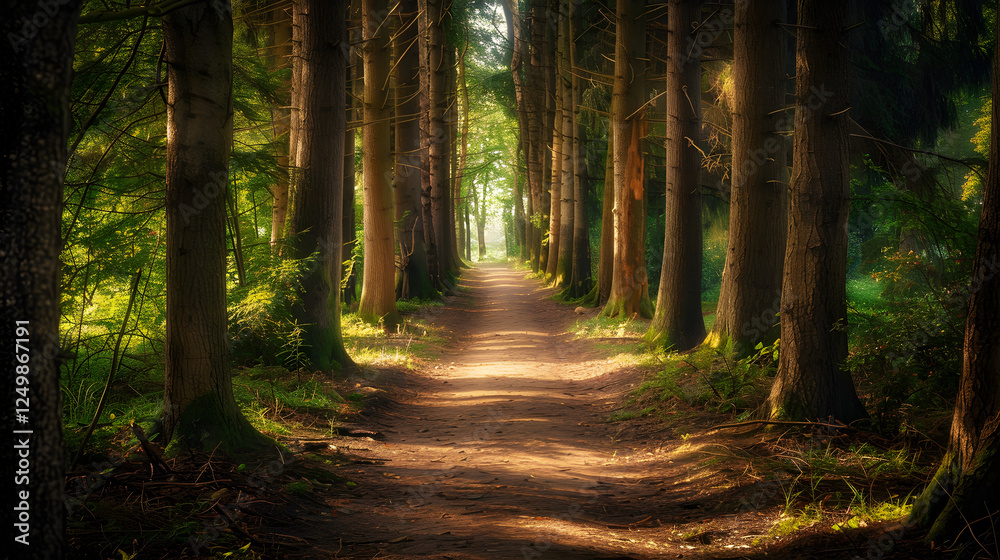 Fototapeta premium Serenity in Nature: A Tranquil Forest Path Illuminated by Dappled Sunlight, Inviting Exploration and Reflection