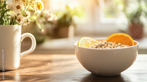 A charming kitchen layout with a balanced breakfast display featuring blossoms, a cuppa coffee, and bright fruits, symbolizing wellness and tranquility