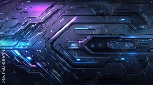 Futuristic Metal Panel with Glowing Circuitry Design