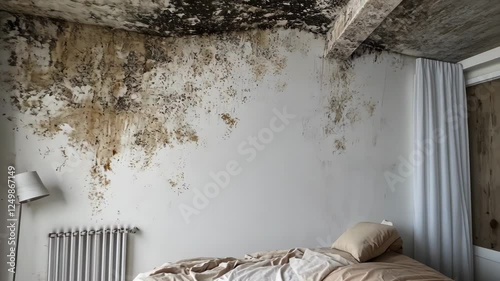Moldy room interior with peeling paint on ceiling, radiator, curtains, and bed, highlighting allergy concept