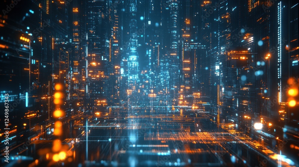 Fototapeta premium Futuristic Technological Cityscape: Abstract Digital Network Visualization