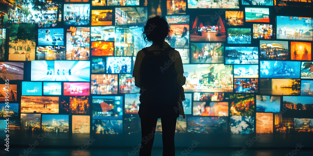 Person Observing Colorful Television Screens Person Observing Colorful Television Screens
