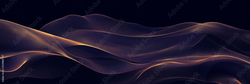 Obraz premium A dark purple background with flowing golden lines and silky textures creates an elegant abstract scene, with swirling patterns adding depth and sophistication.