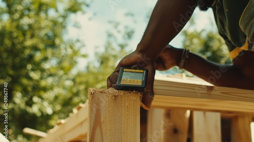 A carpenter measuring angles with a digital protractor on a wooden structure, ensuring precision and accuracy in craftsmanship.