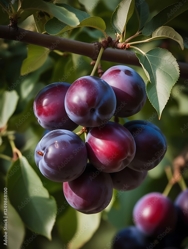 A vibrant cluster of ripe purple plums hanging from a tree branch surrounded by green leaves. The fresh fruits glisten under natural sunlight, symbolizing organic farming and nature's beauty
A vibrant cluster of ripe purple plums hanging from a tree branch surrounded by green leaves. The fresh fruits glisten under natural sunlight, symbolizing organic farming and nature's beauty