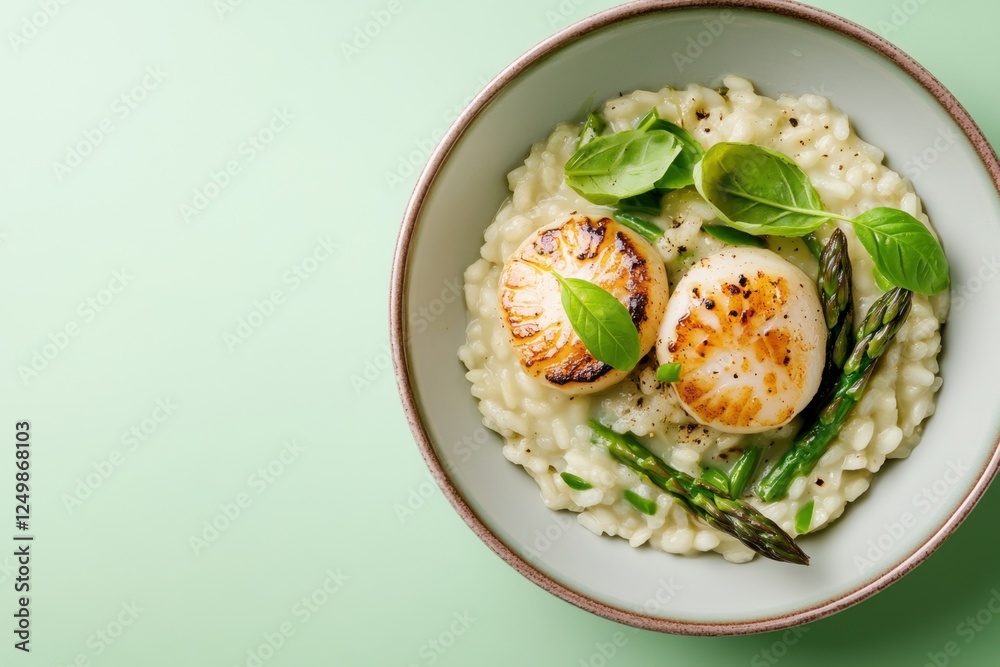 Pan seared scallops served over asparagus risotto with basil Pan seared scallops served over asparagus risotto with basil