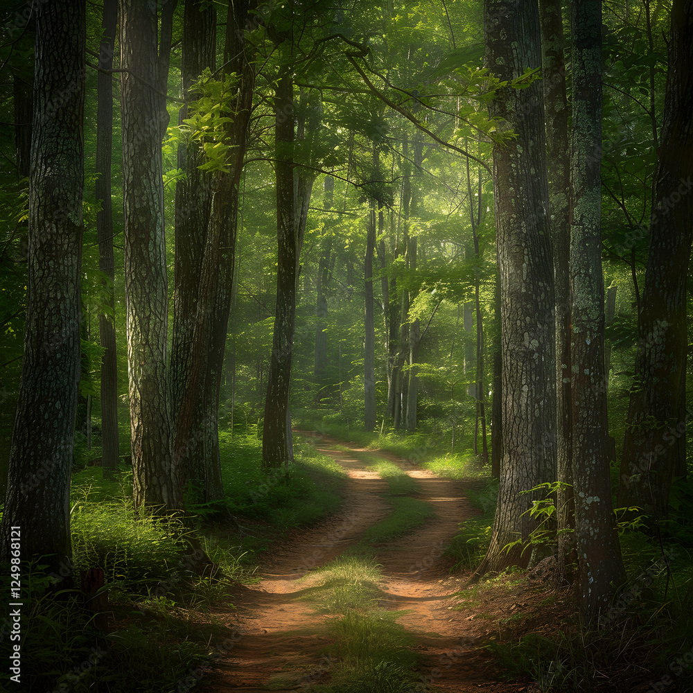 Serenity in Nature: A Tranquil Forest Path Illuminated by Dappled Sunlight, Inviting Exploration and Reflection Serenity in Nature: A Tranquil Forest Path Illuminated by Dappled Sunlight, Inviting Exploration and Reflection