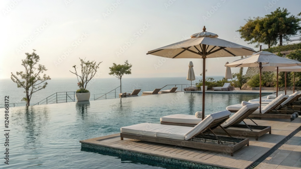 Obraz premium Pool with floating sun loungers and umbrellas, serene, summer, warm weather, high-end