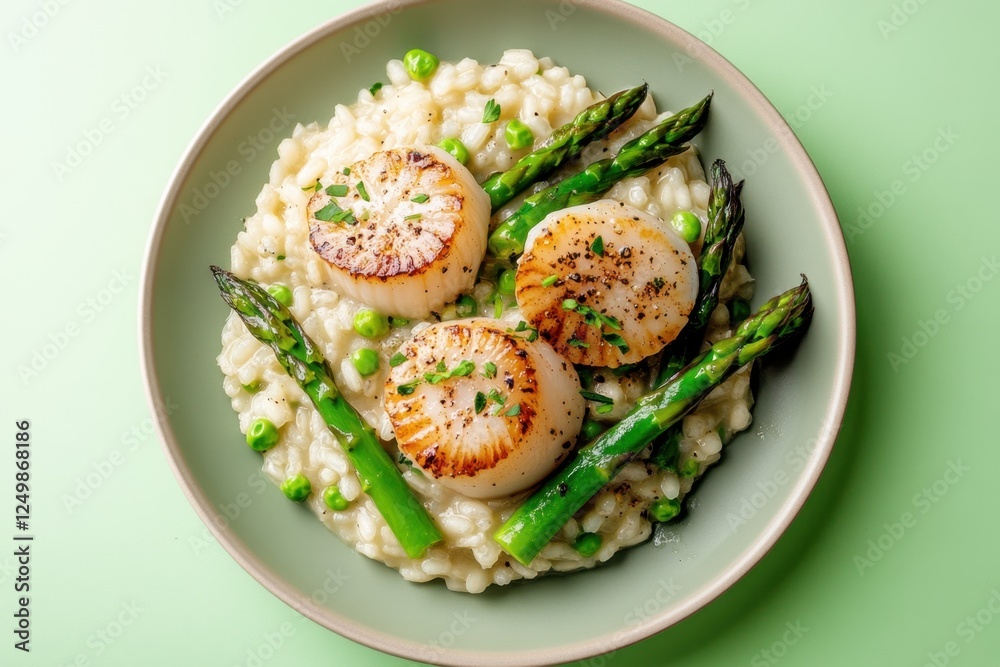 Seared scallops on creamy risotto with green asparagus spears Seared scallops on creamy risotto with green asparagus spears