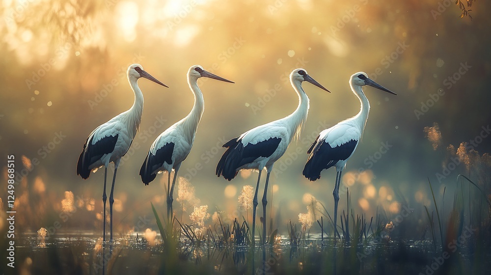 Fototapeta premium Four storks standing in shallow water at sunrise, backlit by golden light, serene nature scene.