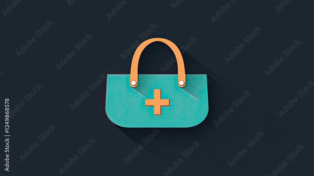 Teal medical bag icon with orange handle and plus symbol,  long shadow on dark background.