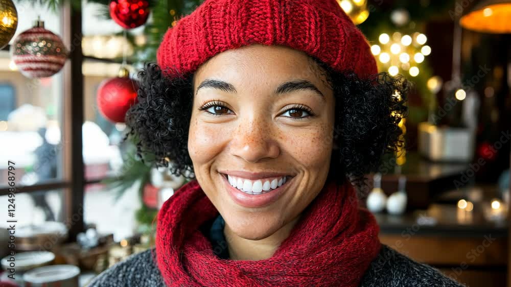 Smiling woman in cozy cafe wearing red knitted hat, scarf, and festive decorations in winter setting Smiling woman in cozy cafe wearing red knitted hat, scarf, and festive decorations in winter setting