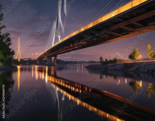 Reflections on river under cable stayed bridge, landscape, cable stayed bridge, reflection photo