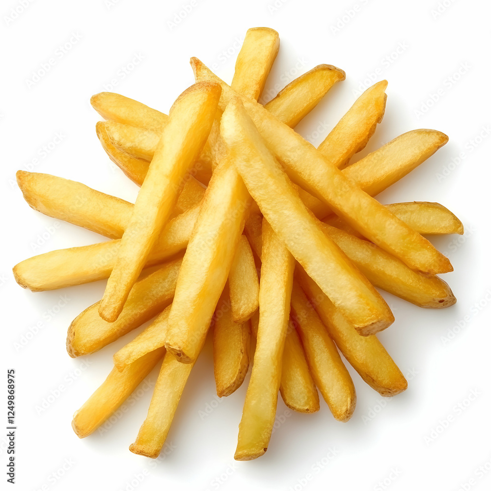 Golden French Fries Pile, Food Photography, White Background, Menu Use Golden French Fries Pile, Food Photography, White Background, Menu Use
