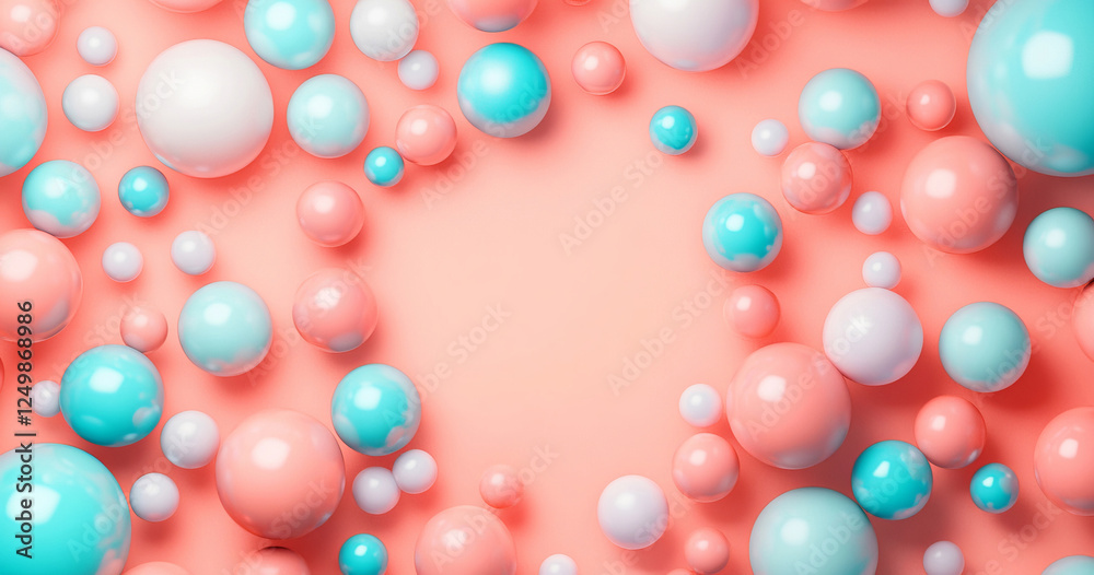 A vibrant composition of floating spheres and textured shapes in soft peach, pink, and light blue tones, with a central empty space ideal for text placement in creative designs and advertisements. A vibrant composition of floating spheres and textured shapes in soft peach, pink, and light blue tones, with a central empty space ideal for text placement in creative designs and advertisements.