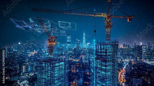 Night cityscape with construction cranes and digital blueprints overlay.
