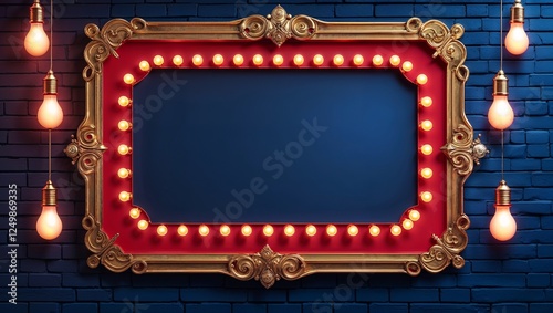 Red blank frame with light bulbs on dark blue brick wall background. Realistic 3d vector illustration of retro cinema or casino billboard with lamps. Circus or theatre empty banner template.