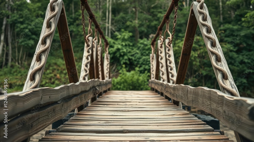 Obraz premium Rustic wooden bridge with twisted metal supports, wooden beams, twisted metal