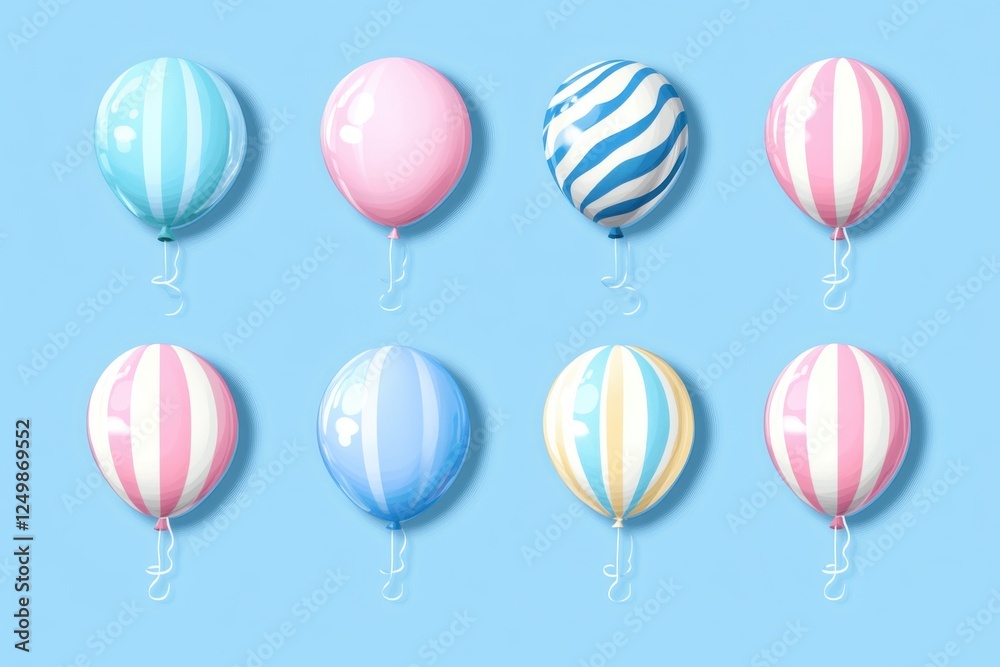 Eight festive colorful balloons floating on a sky blue background Eight festive colorful balloons floating on a sky blue background