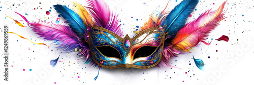 A festive Mardi Gras banner featuring a beautifully designed mask with elegant feathers, presented on a white background, leaving ample space for creative additions or text. photo