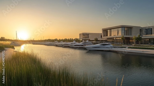 Sunrise over marina with luxury yachts docked near modern building.