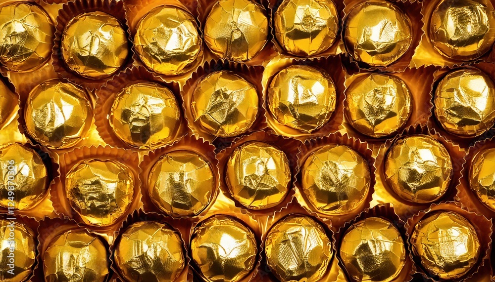 Gold-wrapped chocolates arranged neatly in a decorative box for a special occasion Gold-wrapped chocolates arranged neatly in a decorative box for a special occasion