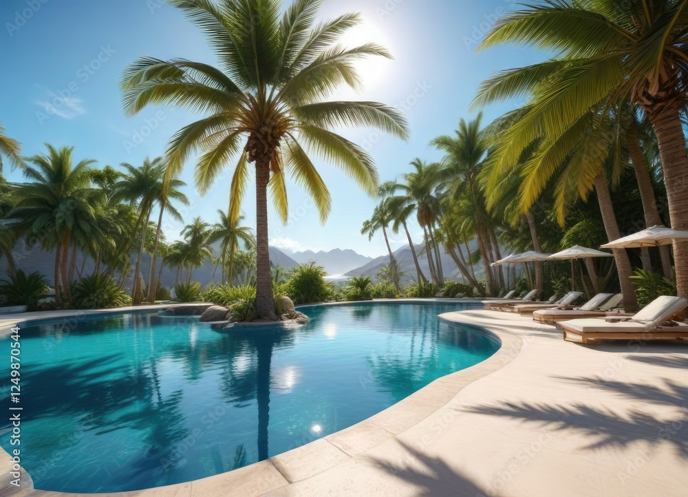 Serene pool area with a vast blue sky and swaying palm trees, water features, blue pool Serene pool area with a vast blue sky and swaying palm trees, water features, blue pool