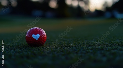 Red golf ball, heart design, sunset course, romantic photo