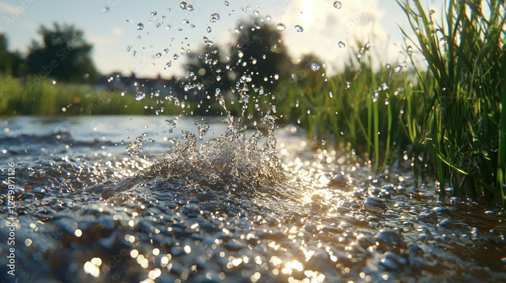 Fototapeta premium Splashing water in a sunny rural landscape