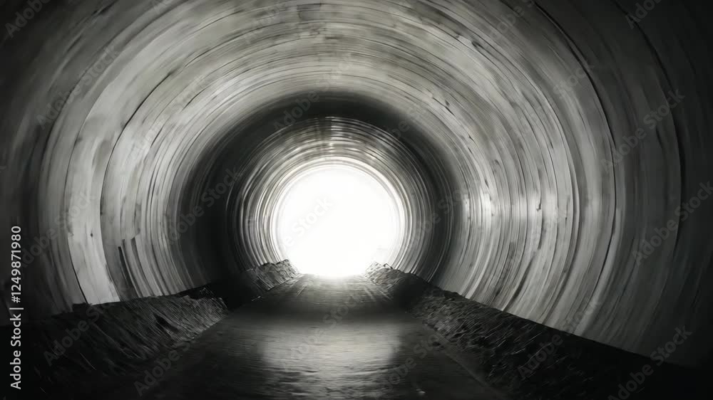 Light at the end of a concrete tunnel with smooth circular walls in an urban setting