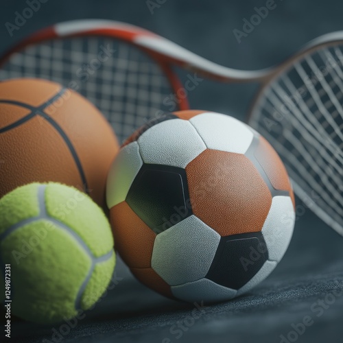 Sports balls and racquets on dark background photo