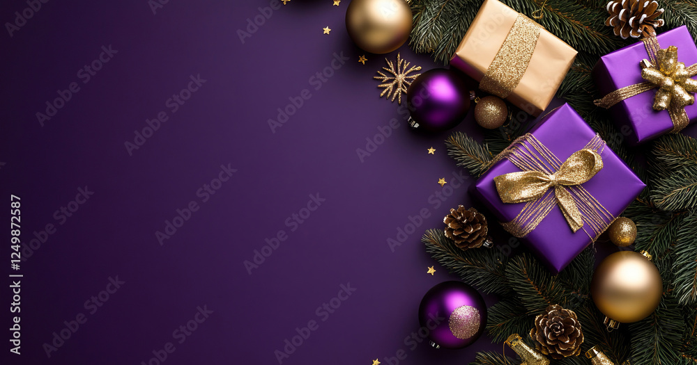 A luxurious Christmas background featuring rich purple and gold tones, adorned with beautifully wrapped gifts, shimmering ornaments, and festive holiday decorations.