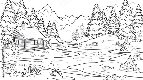 Cozy cabin by river, snowy mountains, winter landscape, coloring page