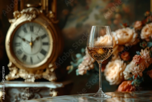 Wine glass, antique clock, flowers, interior, still life