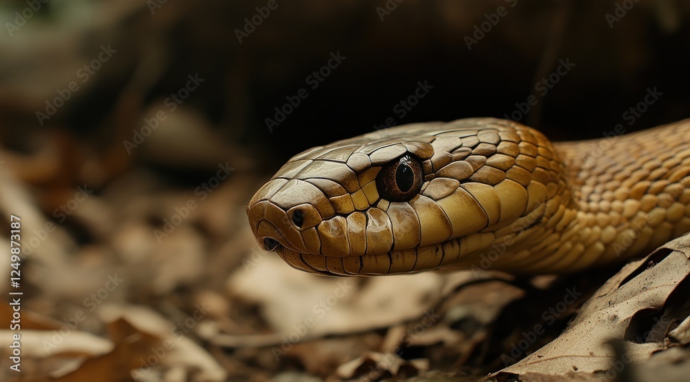 Close-up of a golden-brown snake's head and upper body, subtly camouflaged amongst fallen leaves on the forest floor. Close-up of a golden-brown snake's head and upper body, subtly camouflaged amongst fallen leaves on the forest floor.