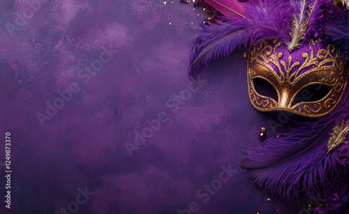 A festive Mardi Gras background featuring vibrant purple hues, ornate masks, and delicate feathers, arranged in a stylish flat lay with ample space for text, perfect for celebratory designs.