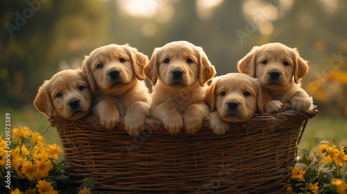 a group of fluffy Labrador puppies cuddled together inside a large wooden basket, their fur glowing under gentle natural light, set against a softly blurred countryside landscape