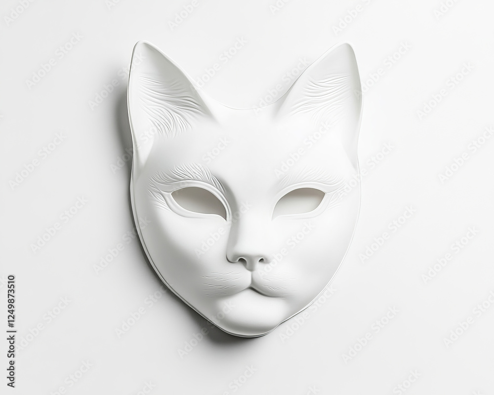 A minimalist white cat mask lying flat on a pure white background, with smooth contours and symmetrical features, perfect for masquerade events, costume parties, or artistic decor. A minimalist white cat mask lying flat on a pure white background, with smooth contours and symmetrical features, perfect for masquerade events, costume parties, or artistic decor.